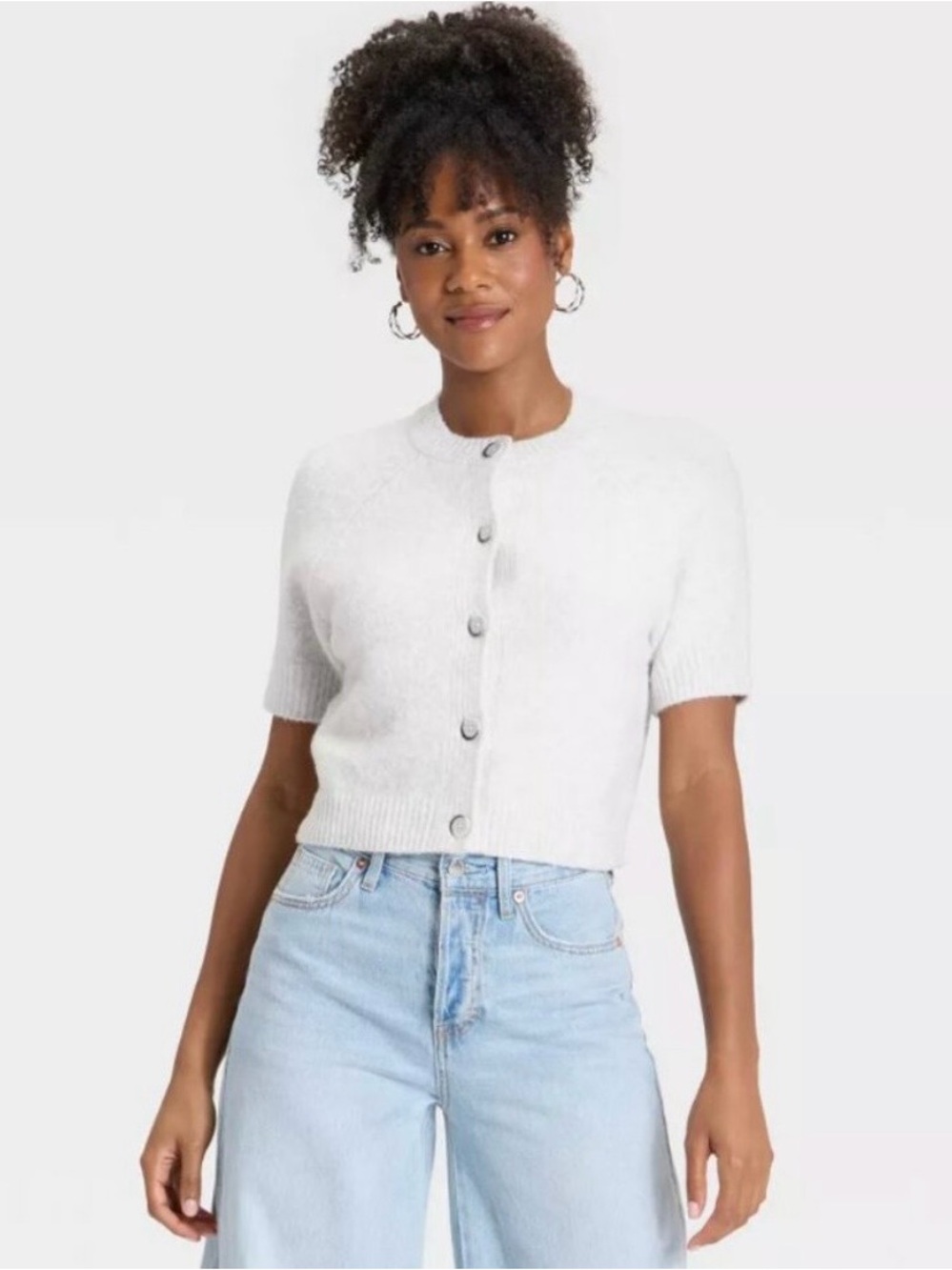 Target Gray Short-Sleeve Cropped Button Cardigan